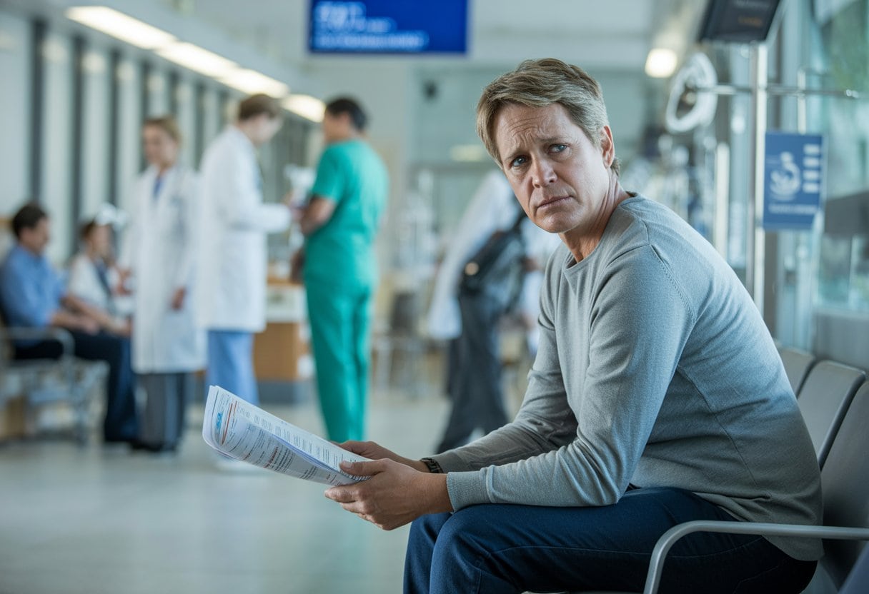 Warum die deutsche Gesundheitsreform Patienten im Stich lässt – Auswirkungen, Probleme & Perspektiven 1 Ein besorgter Patient sitzt wartend in einem Krankenhausflur, umgeben von medizinischem Personal und Geräten.