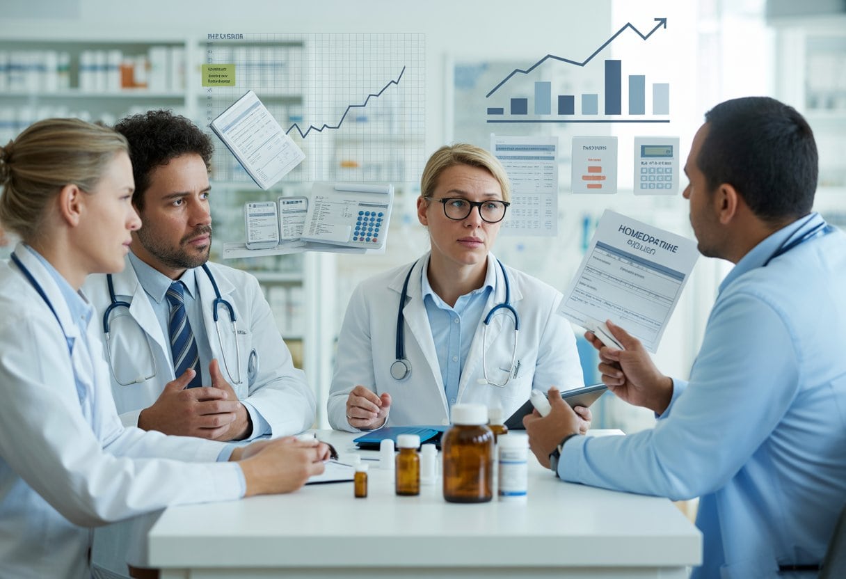 Homöopathie auf Krankenschein: Verschwendung von Milliarden? Kritische Analyse und Hintergründe 1 Ärzte und Apotheker diskutieren in einem modernen Behandlungsraum über medizinische Unterlagen und homöopathische Mittel.