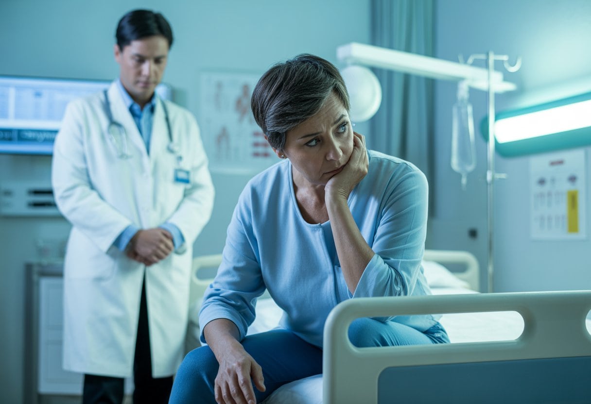 Warum die deutsche Gesundheitsreform Patienten im Stich lässt – Auswirkungen, Probleme & Perspektiven 2 Ein besorgter Patient sitzt in einem Krankenhauszimmer, während ein Arzt in weißem Kittel danebensteht und ernst schaut.