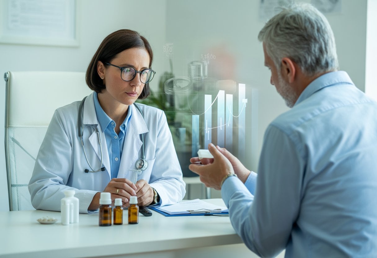 Homöopathie auf Krankenschein: Verschwendung von Milliarden? Kritische Analyse und Hintergründe 2 Eine Ärztin berät einen Patienten in einem modernen Behandlungszimmer mit kleinen homöopathischen Arzneimitteln auf dem Tisch und einem dezenten Hinweis auf finanzielle Aspekte im Hintergrund.