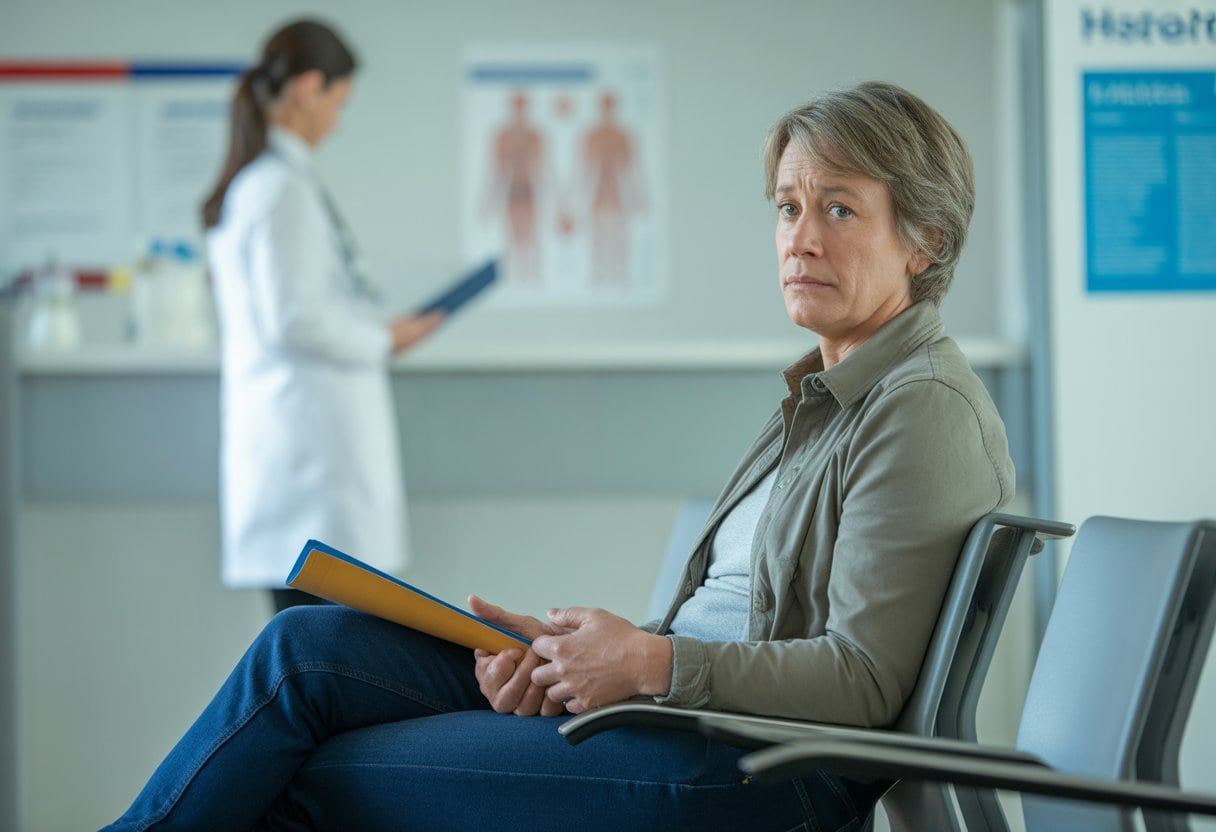 Warum die deutsche Gesundheitsreform Patienten im Stich lässt – Auswirkungen, Probleme & Perspektiven 3 Ein besorgter Patient sitzt in einem modernen Wartezimmer einer Arztpraxis und hält medizinische Unterlagen, während im Hintergrund eine medizinische Fachkraft beschäftigt wirkt.