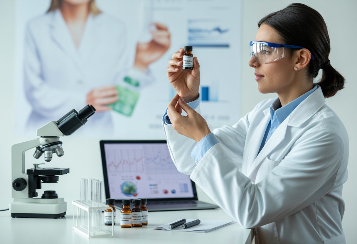 Homöopathie auf Krankenschein: Verschwendung von Milliarden? Kritische Analyse und Hintergründe 3 Ein Wissenschaftler im Labor untersucht kleine Fläschchen, umgeben von wissenschaftlichen Geräten und einem Laptop mit Diagrammen, im Hintergrund Hinweise auf Gesundheitskosten.