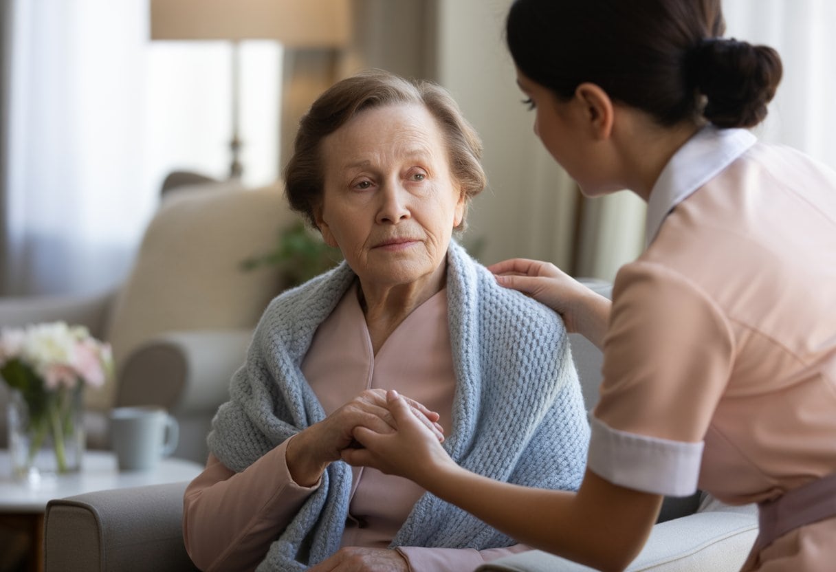 Eine ältere Frau sitzt in einem gemütlichen Wohnzimmer, eine Pflegekraft hält einfühlsam ihre Hand.