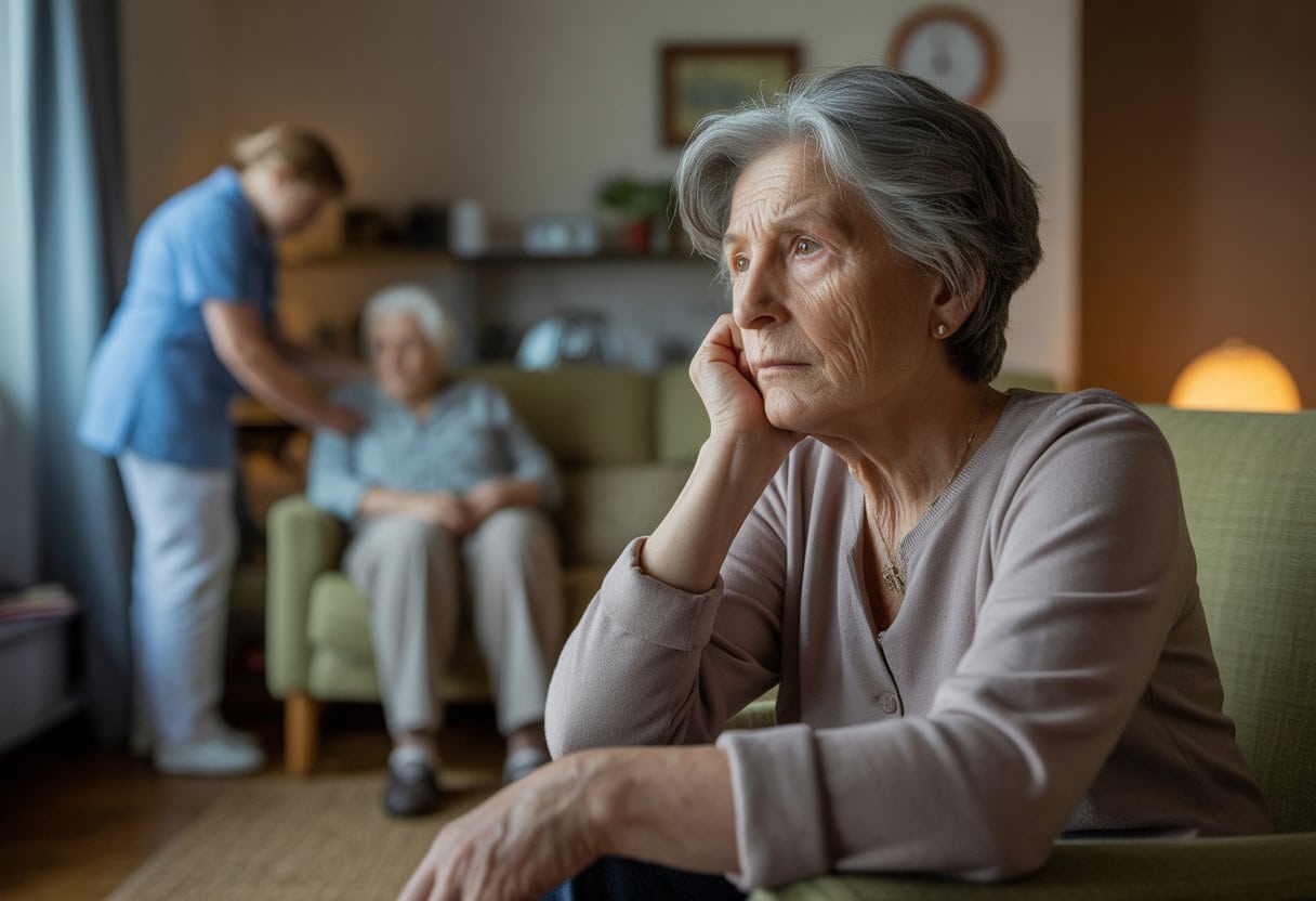 Eine ältere Frau sitzt nachdenklich in einem Wohnzimmer, im Hintergrund kümmert sich eine Pflegekraft um eine andere ältere Person.