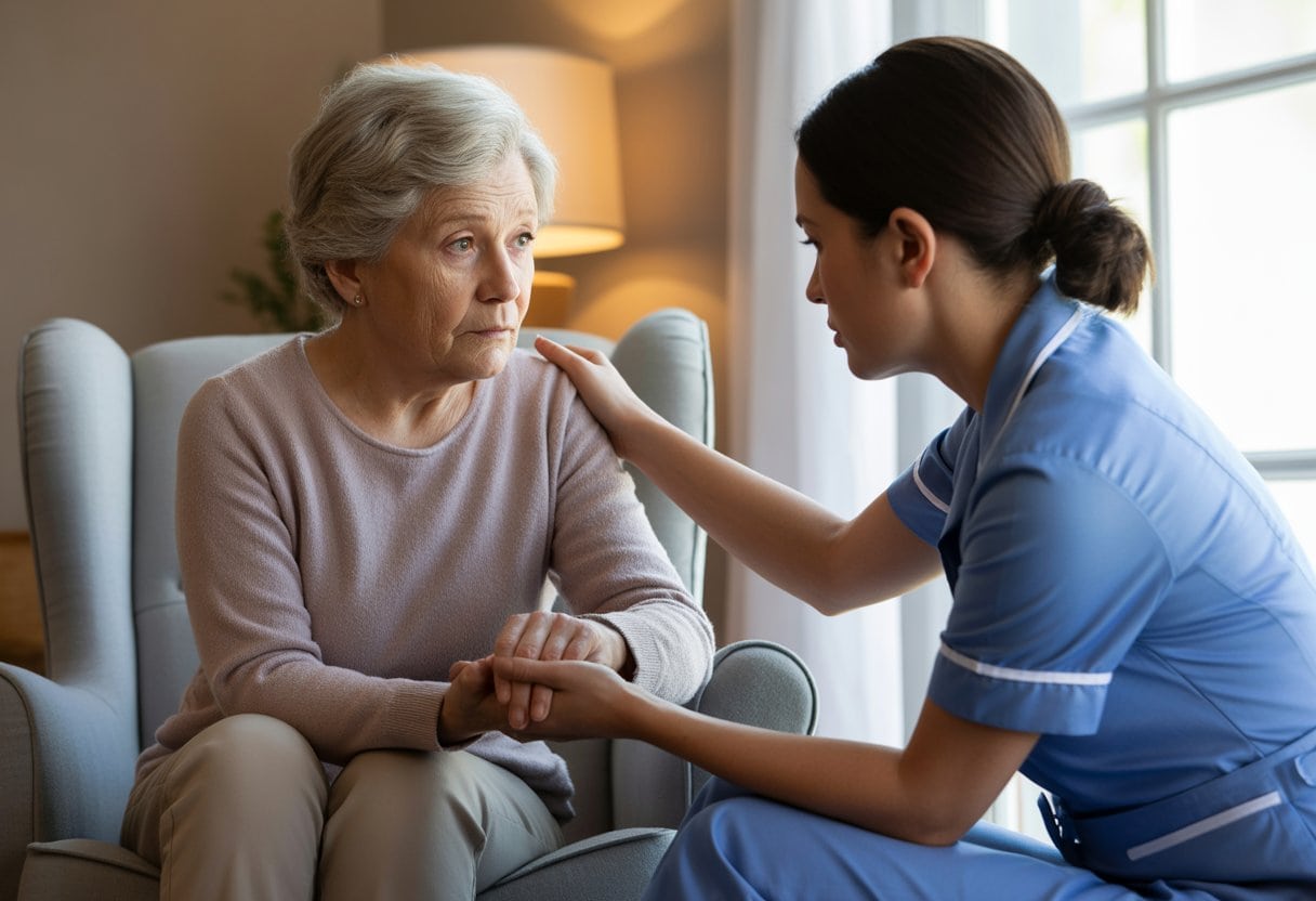 Eine ältere Frau sitzt in einem Wohnzimmer, während eine Pflegekraft ihr fürsorglich die Hand hält.