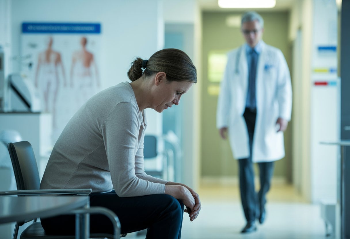 Ein besorgter Patient sitzt allein in einer Arztpraxis, während ein Arzt im Hintergrund weggeht.