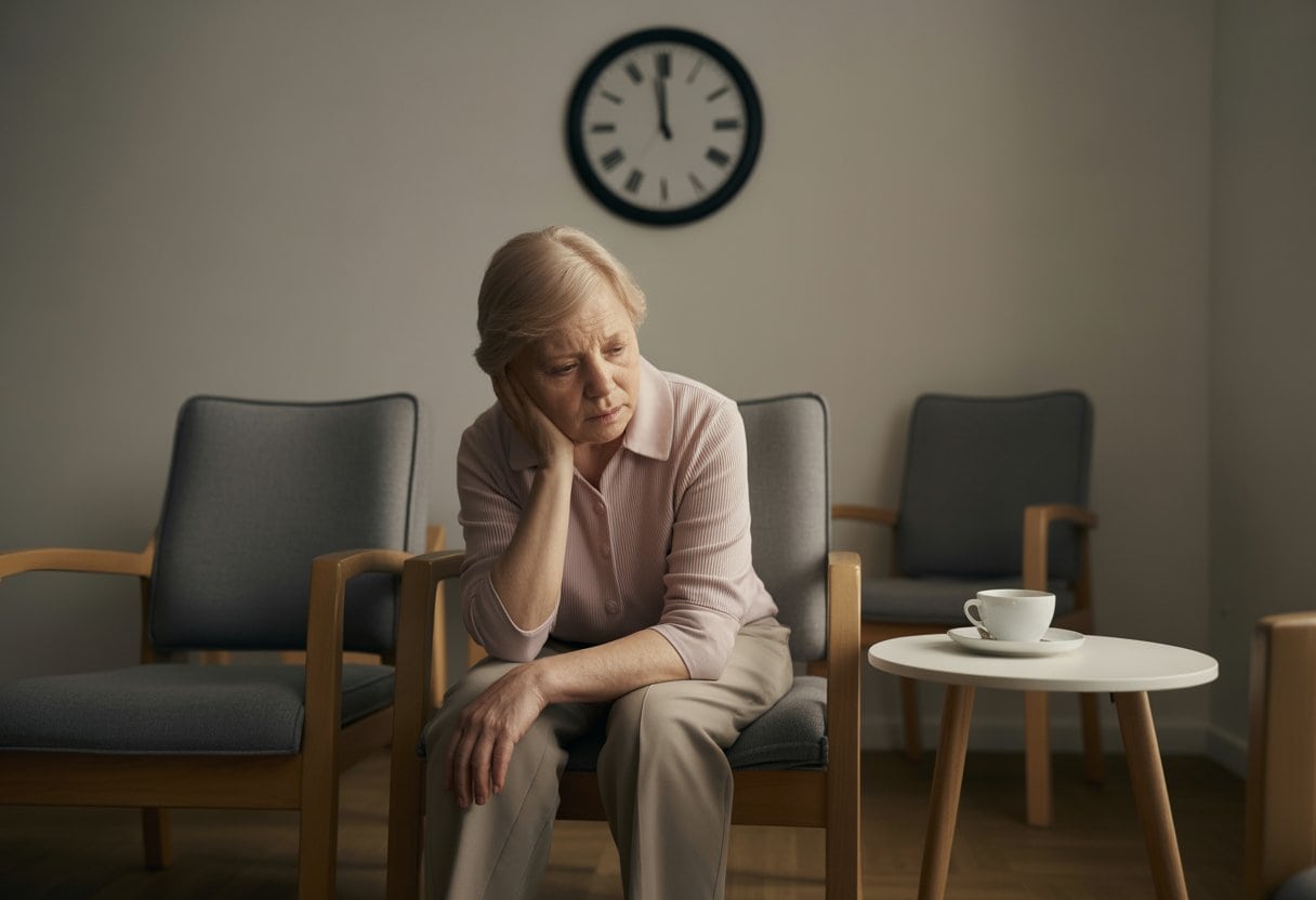 Eine ältere Frau sitzt allein in einem Wohnzimmer und wirkt traurig und verletzlich.