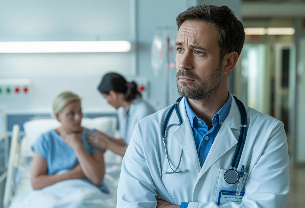Ein besorgter Arzt steht in einem Krankenhausflur, während ein Patient auf einem Bett sitzt und eine Krankenschwester sich um ihn kümmert.