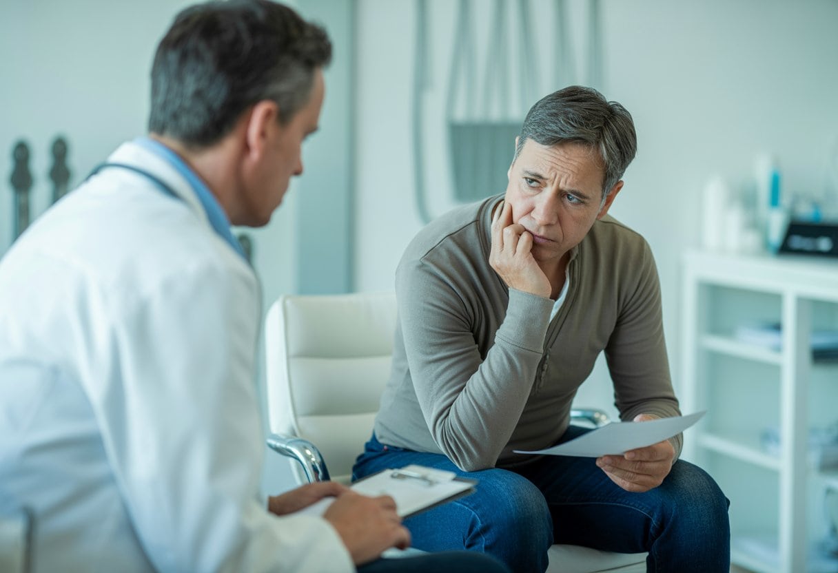 Ein besorgter Patient sitzt in einem Arztzimmer und schaut nachdenklich, während der Arzt abwesend wirkt.