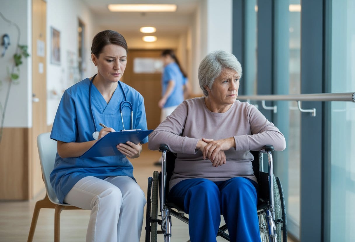 Eine besorgte Pflegekraft sitzt neben einer älteren Frau im Rollstuhl in einer modernen Pflegeeinrichtung, während im Hintergrund eine Krankenschwester eilig den Flur entlanggeht.