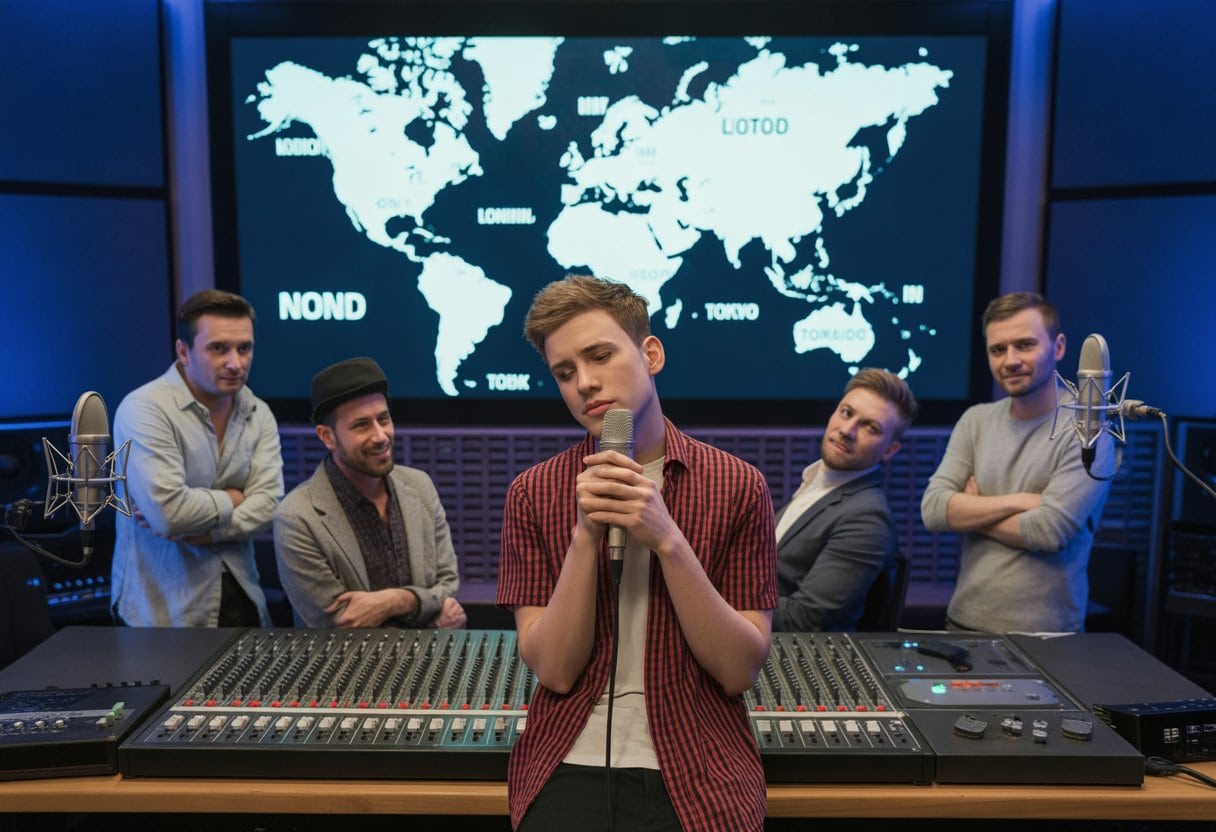 Warum deutsche Musik international so peinlich ist: Ursachen, Klischees und Chancen 1 Ein junger Musiker in einem Tonstudio wirkt unsicher, während internationale Produzenten ihn skeptisch ansehen.