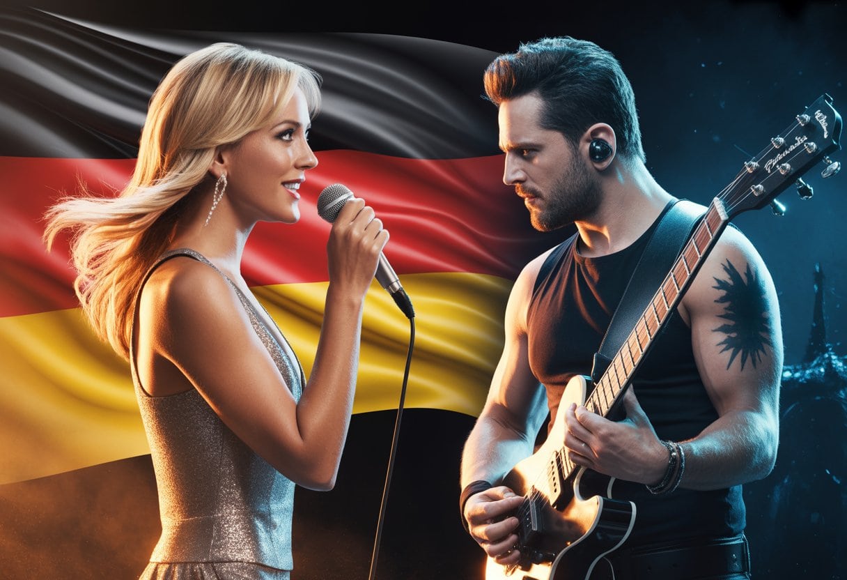 Helene Fischer vs. Rammstein – Der Kampf um Deutschlands Seele und Musik 1 Zwei Musiker stehen sich gegenüber, eine Frau mit Mikrofon und ein Mann mit E-Gitarre, vor einem Hintergrund mit deutschen Farben.