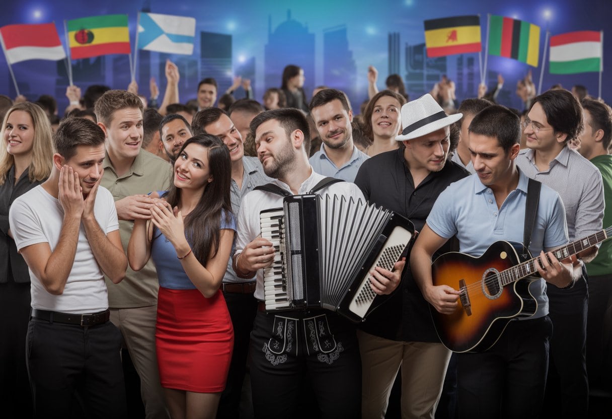 Warum deutsche Musik international so peinlich ist: Ursachen, Klischees und Chancen 2 Menschen verschiedener Herkunft bei einem Musikfestival, Musiker auf der Bühne spielen deutsche Instrumente, das Publikum zeigt gemischte Reaktionen.