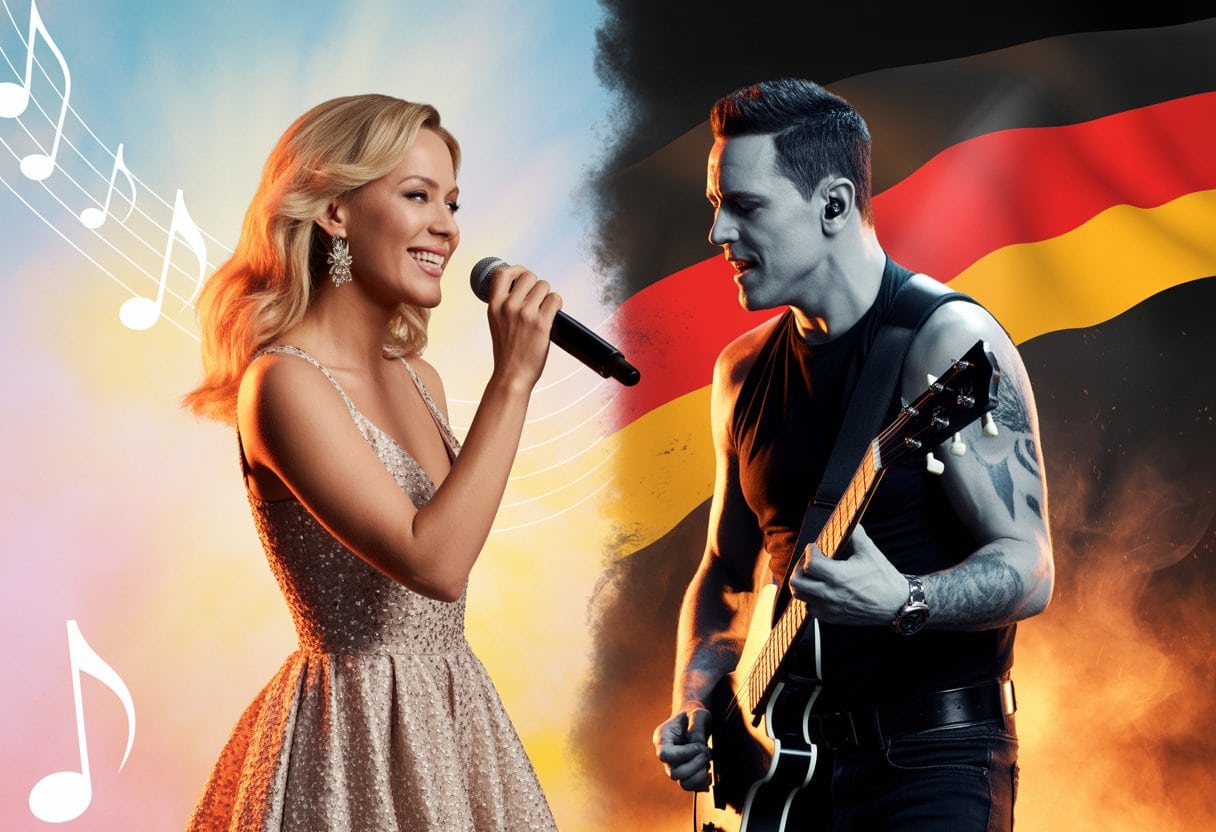 Helene Fischer vs. Rammstein – Der Kampf um Deutschlands Seele und Musik 2 Zwei Musiker stehen sich gegenüber, eine elegante Sängerin links und ein dunkler Rockmusiker rechts, mit kontrastierendem Hintergrund, der ihre unterschiedlichen Musikstile zeigt.