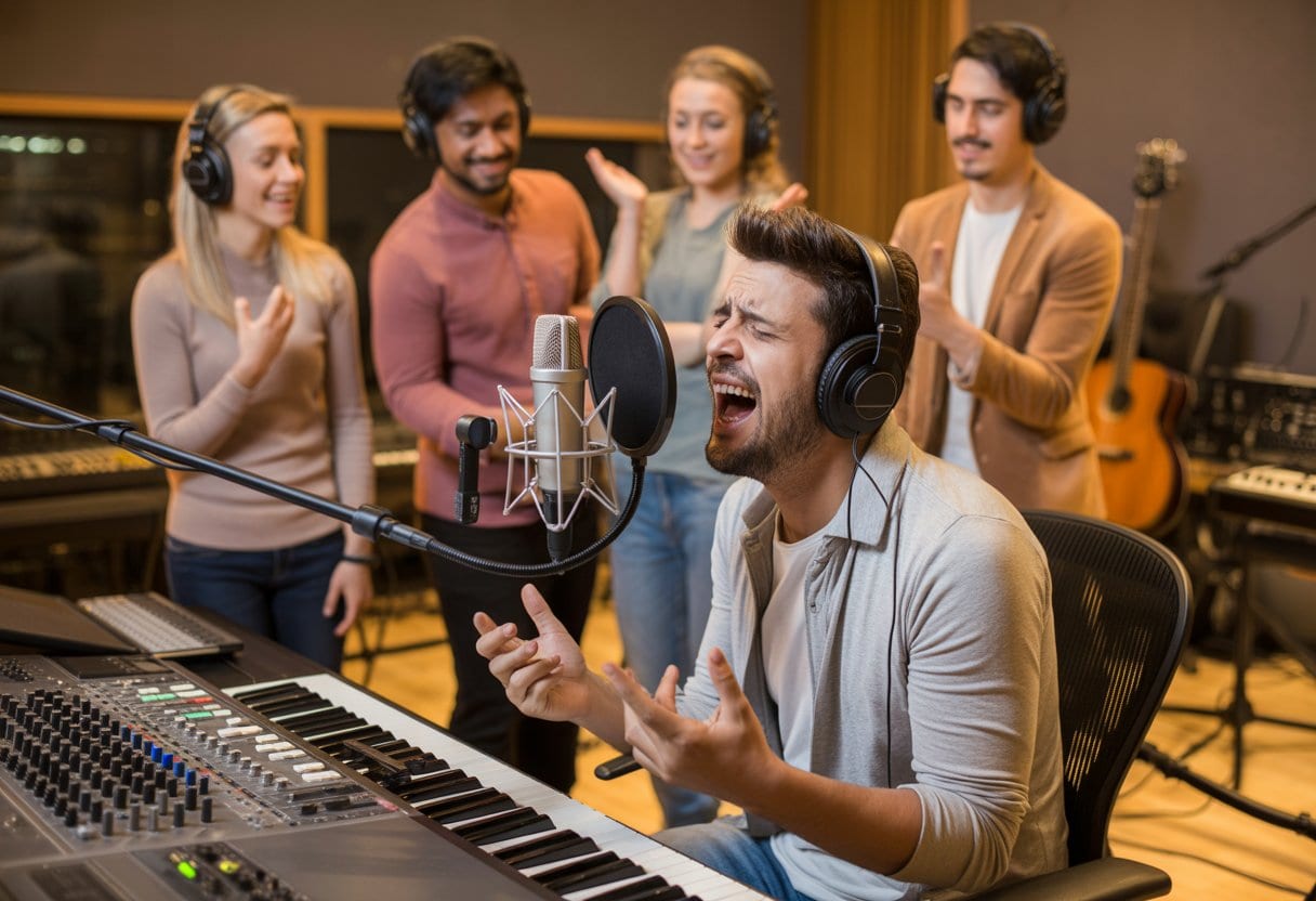 Warum deutsche Musik international so peinlich ist: Ursachen, Klischees und Chancen 3 Ein deutscher Sänger in einem Tonstudio wirkt frustriert, während internationale Musiker und Tontechniker ihn beobachten.