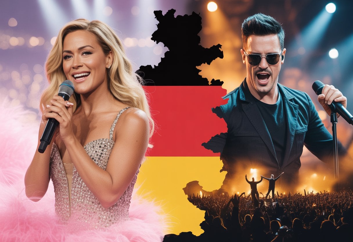 Helene Fischer vs. Rammstein – Der Kampf um Deutschlands Seele und Musik 3 Eine geteilte Szene mit einer weiblichen Sängerin auf der linken Seite und einer Rockband auf der rechten Seite, die zusammen die musikalischen Unterschiede und Gemeinsamkeiten in Deutschland darstellen.