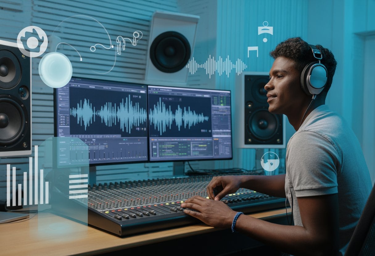 Ein junger Musikproduzent arbeitet konzentriert in einem modernen Tonstudio mit Mischpult und Computern.