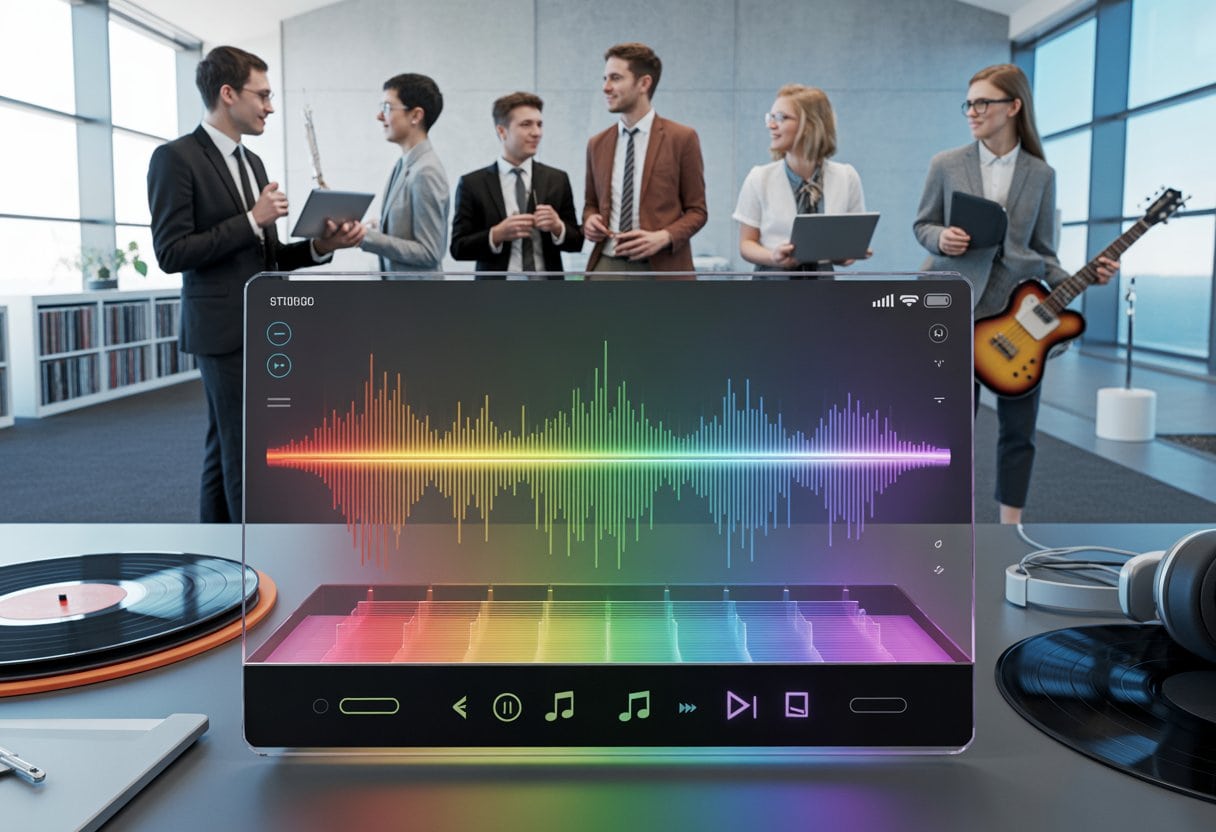 Eine Gruppe von Musikprofis diskutiert vor einem digitalen Musik-Streaming-Bildschirm mit bunten Klangwellen in einem modernen Büro.