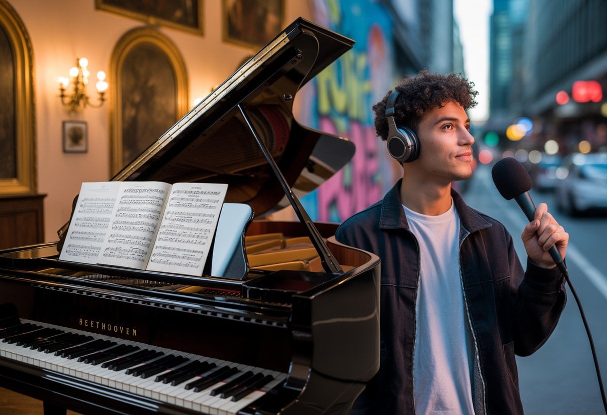 Von Beethoven zu Capital Bra – Deutschlands kultureller Niedergang? Analyse & Kontext 2 Geteiltes Bild mit einem klassischen Flügel und einem jungen Mann in moderner Straßenkleidung mit Mikrofon vor urbaner Kulisse.