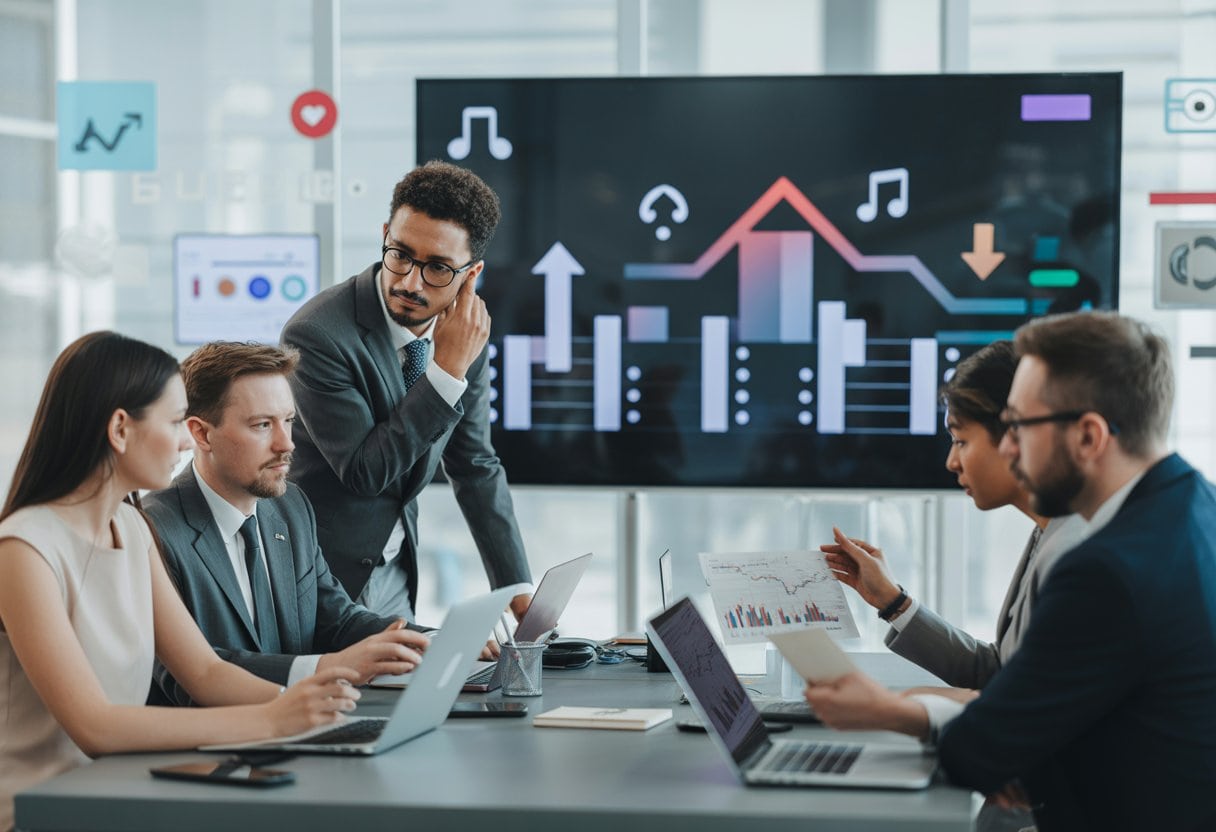 Eine Gruppe von Geschäftsleuten diskutiert in einem modernen Büro vor einem Bildschirm mit Diagrammen über Einnahmen und Vergütungsmodelle im Musik-Streaming.