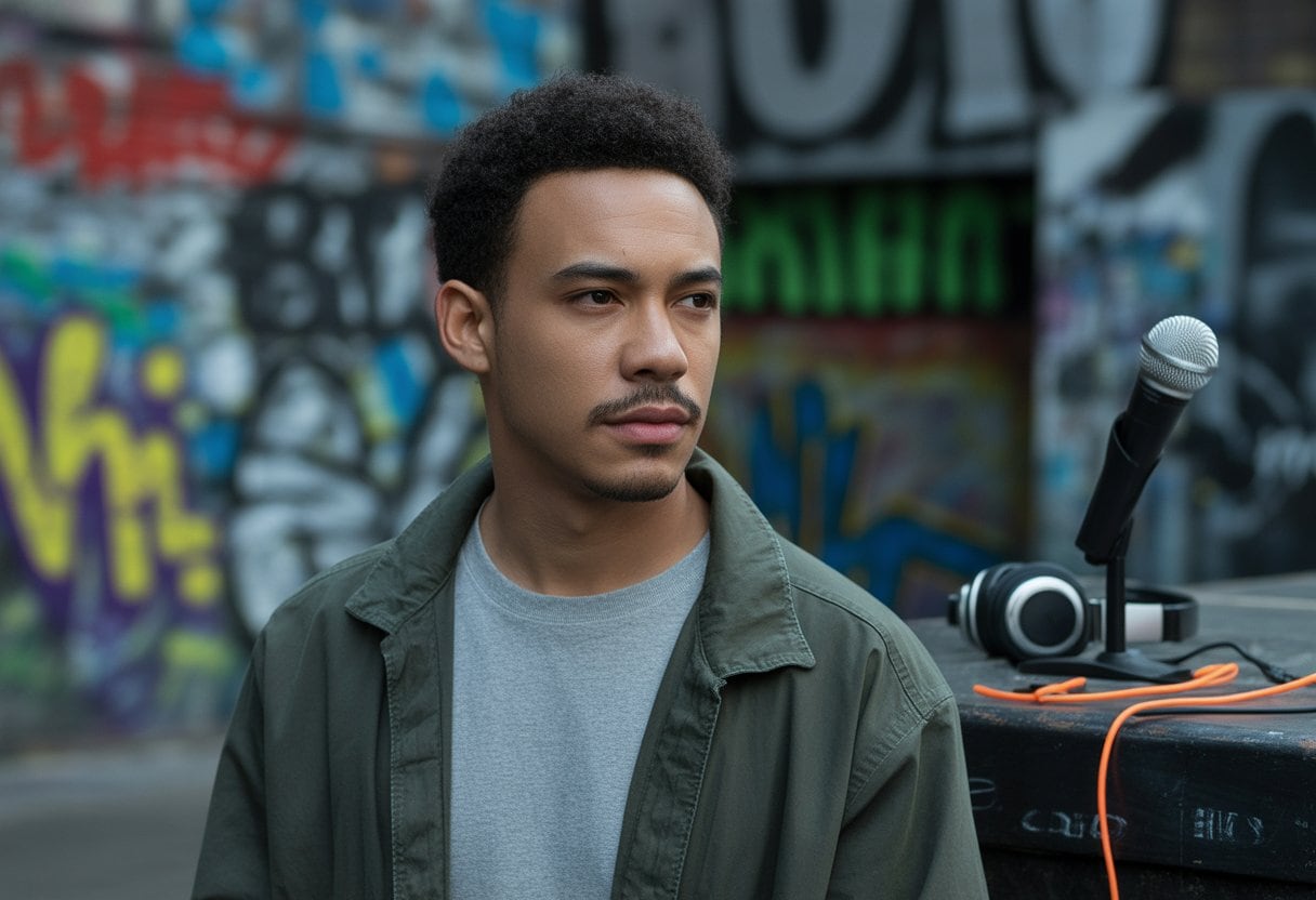 Ein nachdenklicher junger Mann in lässiger Straßenkleidung steht in einer urbanen Umgebung mit Graffiti im Hintergrund.