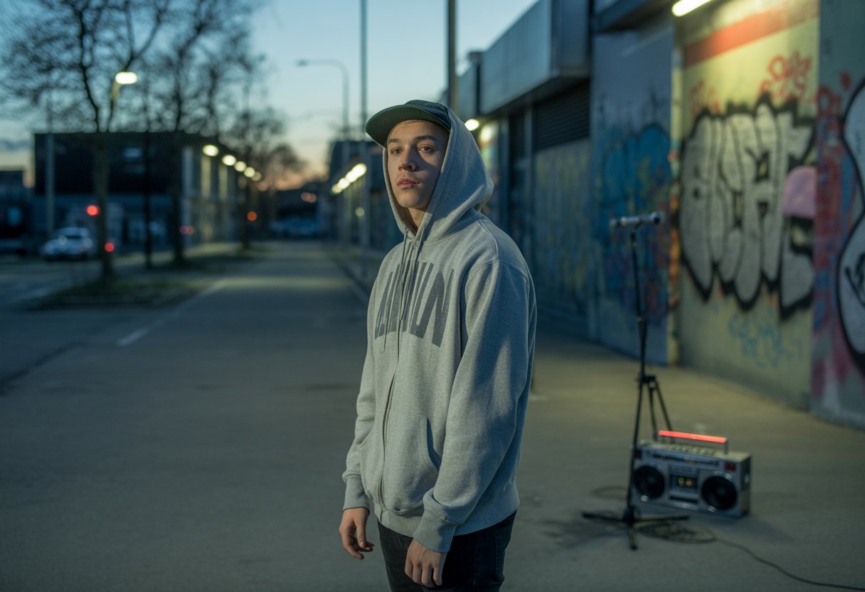 Ein nachdenklicher junger Mann in moderner Straßenkleidung steht allein in einer städtischen Umgebung mit Graffiti und Straßenlaternen bei Dämmerung.