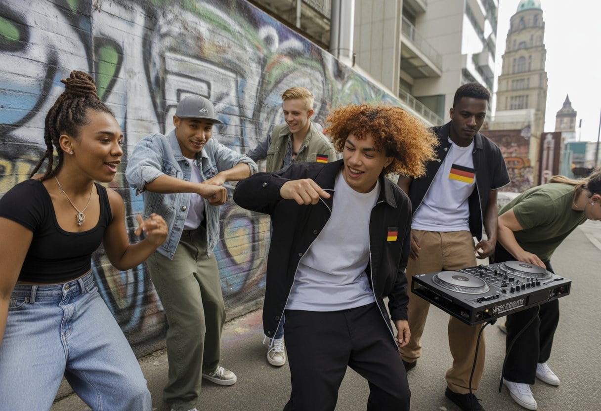 Junge Menschen in einer städtischen Umgebung, die Hip-Hop tanzen, rappen und Musik machen.