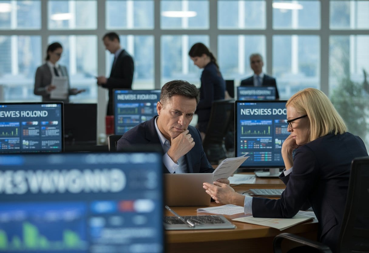 Mehrere Journalisten in einem modernen Büro diskutieren konzentriert vor Bildschirmen und Dokumenten.