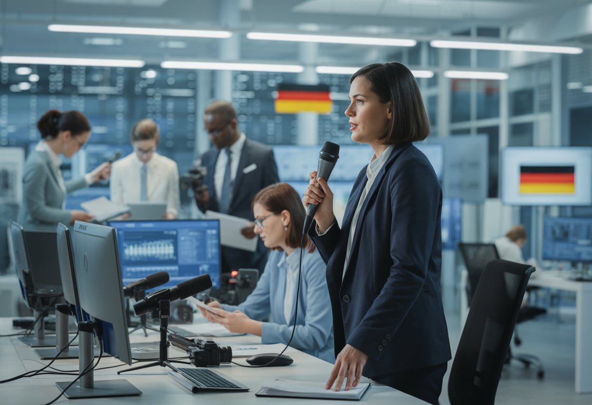 Journalisten arbeiten konzentriert in einem modernen deutschen Nachrichtenbüro mit Computern und Mikrofonen.