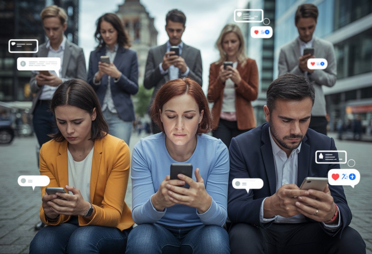 Social Media macht Deutschland dumm – und süchtig: Auswirkungen, Risiken und Lösungen 2 Mehrere Menschen in einer deutschen Stadt sind auf ihre Smartphones konzentriert und wirken abgelenkt und gefesselt.