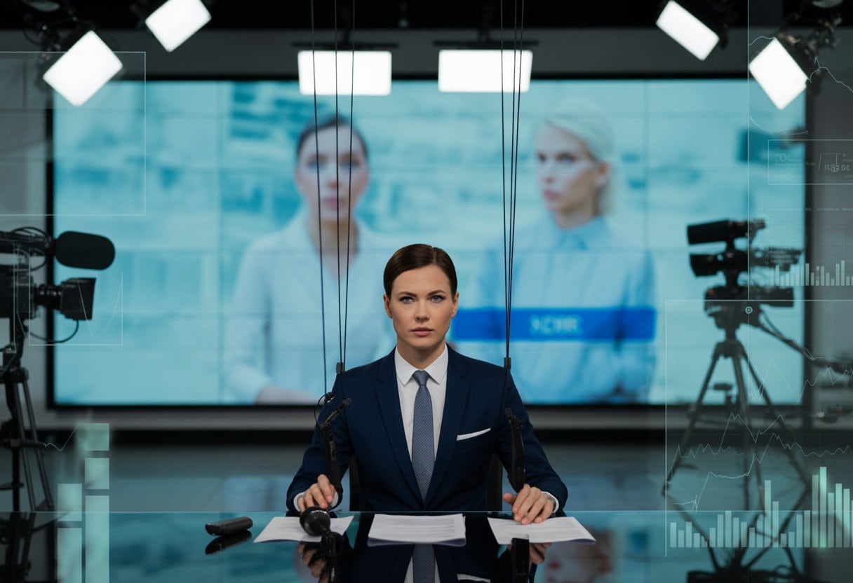 Warum die Tagesschau Sie täglich manipuliert: Analyse, Methoden und Hintergründe 1 Ein Nachrichtensprecher sitzt ernst an einem modernen Nachrichtentisch in einem Studio mit Kameras und Lichtern im Hintergrund.