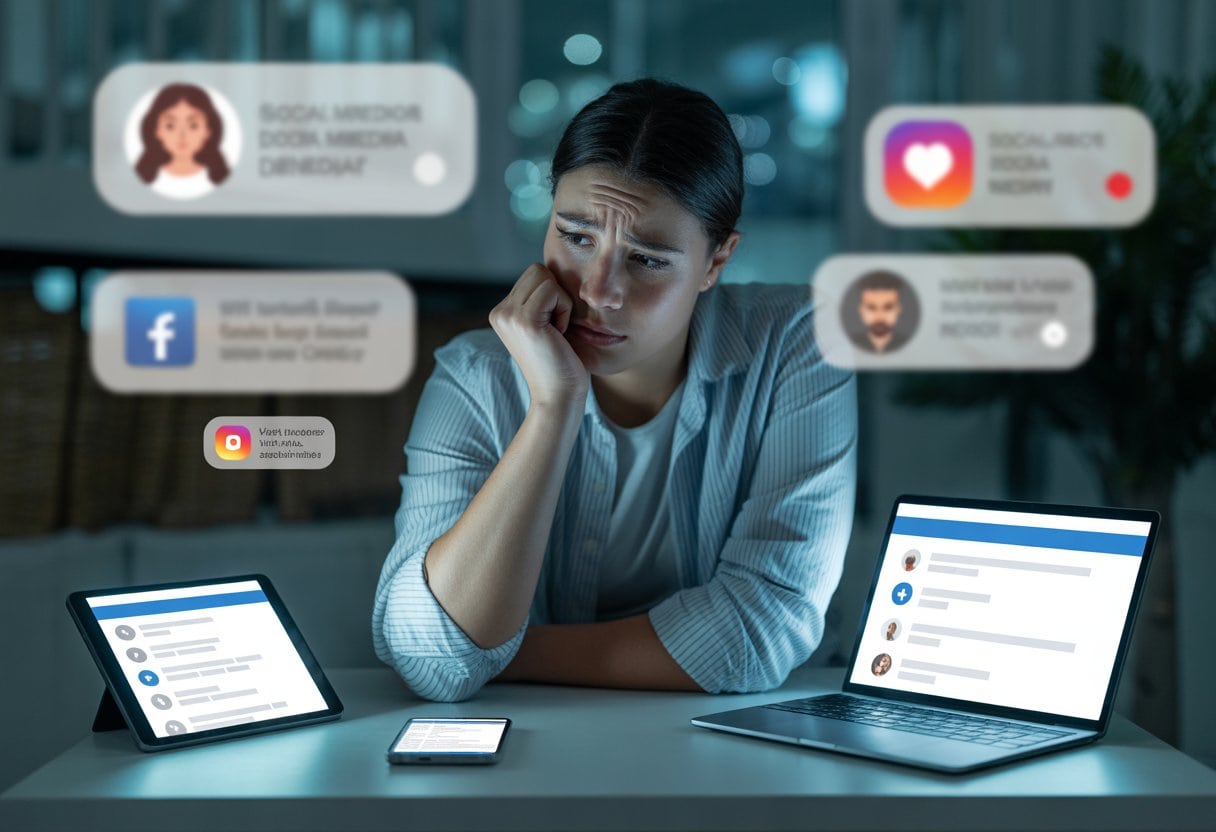 Social Media macht Deutschland dumm – und süchtig: Auswirkungen, Risiken und Lösungen 3 Eine nachdenkliche junge Person sitzt allein in einem modernen Raum, umgeben von digitalen Geräten mit Social-Media-Anwendungen.