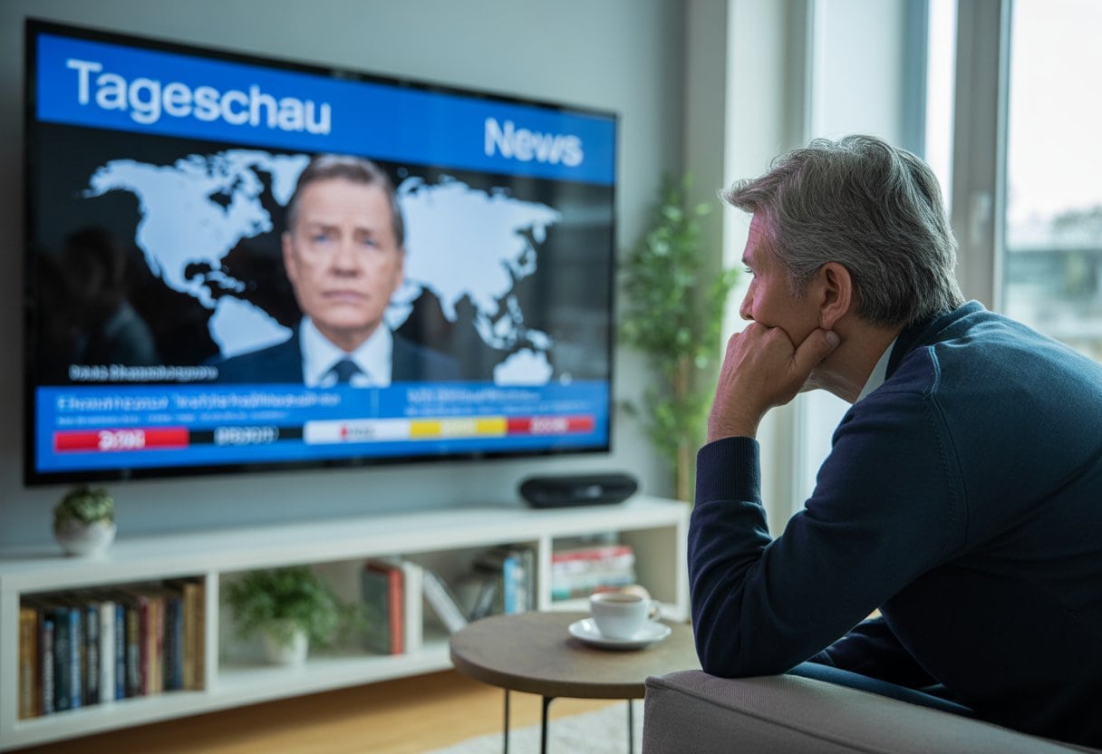 Warum die Tagesschau Sie täglich manipuliert: Analyse, Methoden und Hintergründe 2 Eine Person sitzt in einem Wohnzimmer und schaut nachdenklich die Tagesschau im Fernsehen an.
