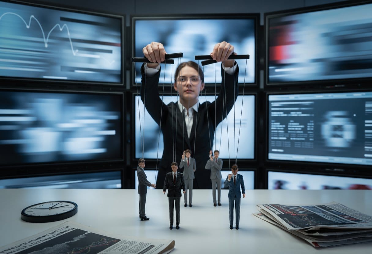 Warum die Tagesschau Sie täglich manipuliert: Analyse, Methoden und Hintergründe 3 Person steuert Marionetten von Nachrichtensprechern in einem modernen Nachrichtenstudio mit Bildschirmen und Zeitungsstapeln im Hintergrund.