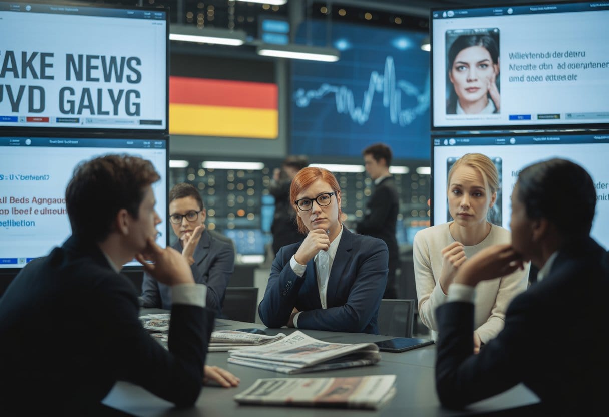 Journalisten in einem modernen Nachrichtenstudio diskutieren ernsthaft vor mehreren Bildschirmen mit verschwommenen Nachrichten und sozialen Medien.