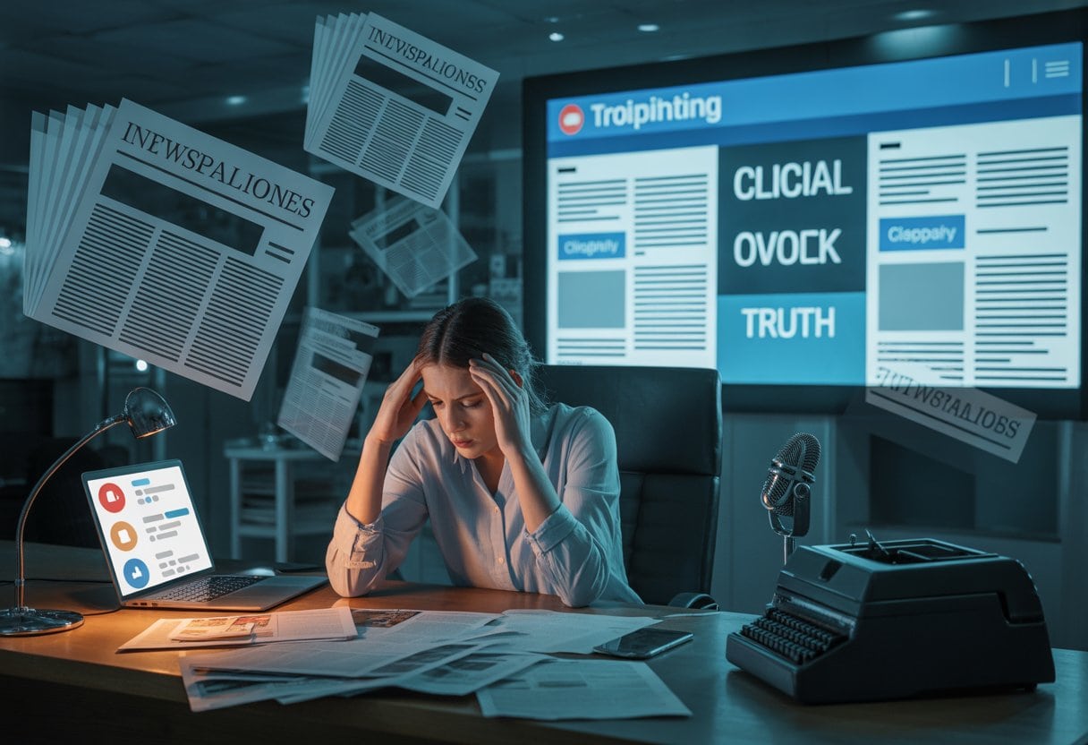 Der Tod des Journalismus: Wenn Klicks wichtiger sind als Wahrheit – Ursachen, Folgen und Auswege 1 Ein erschöpfter Journalist sitzt an einem Schreibtisch in einem dunklen Nachrichtenbüro, umgeben von Papieren und einem Laptop mit Social-Media-Benachrichtigungen, während im Hintergrund verblasste Zeitungen und klassische Journalismus-Werkzeuge zu sehen sind.
