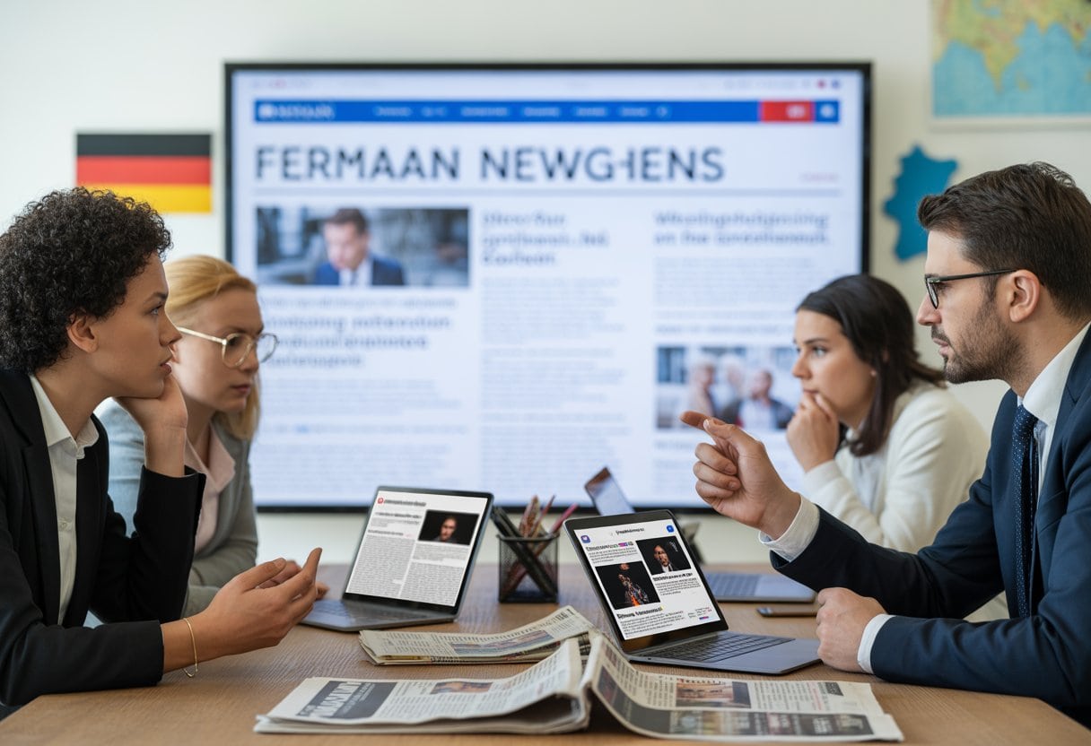 Personen in einem Büro diskutieren besorgt vor einem großen Bildschirm mit einer verschwommenen deutschen Nachrichtenwebseite, umgeben von Zeitungen und digitalen Geräten.