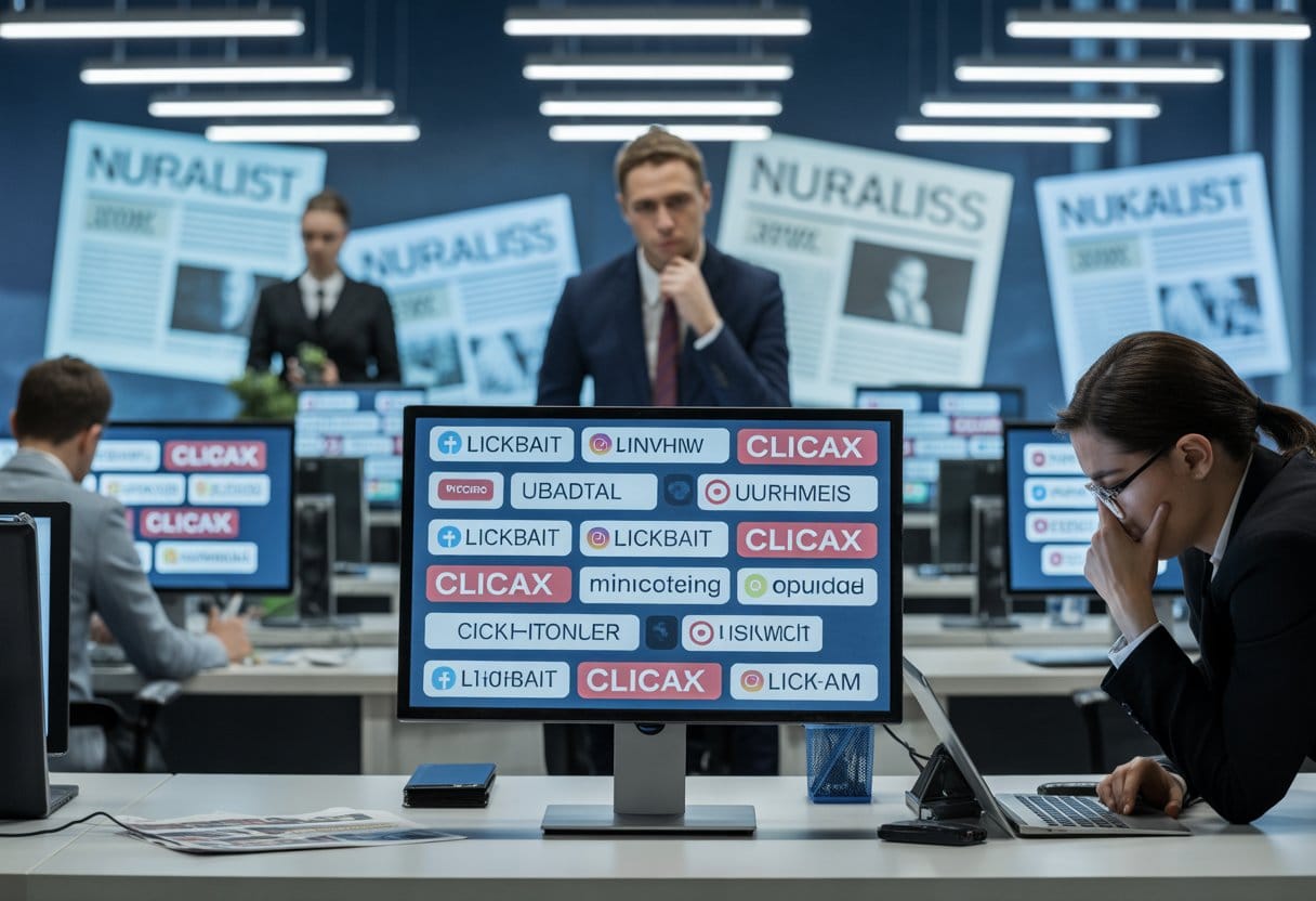 Der Tod des Journalismus: Wenn Klicks wichtiger sind als Wahrheit – Ursachen, Folgen und Auswege 2 Eine moderne Nachrichtenredaktion mit Journalisten, die an Computern arbeiten, während auf einem Bildschirm viele bunte Schlagzeilen und Benachrichtigungen zu sehen sind.