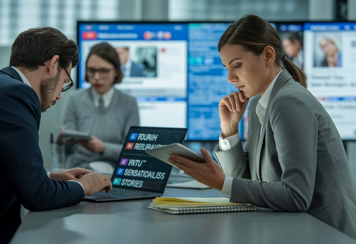 Der Tod des Journalismus: Wenn Klicks wichtiger sind als Wahrheit – Ursachen, Folgen und Auswege 3 Ein moderner Nachrichtenraum mit Journalisten, die zwischen sorgfältiger Berichterstattung und dem Drang nach sensationellen Schlagzeilen arbeiten.