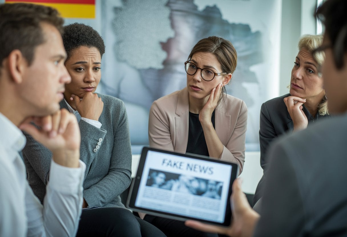 Eine Gruppe von Erwachsenen diskutiert in einem modernen Büro, einige schauen nachdenklich auf ein digitales Gerät mit verschwommenen Nachrichten.