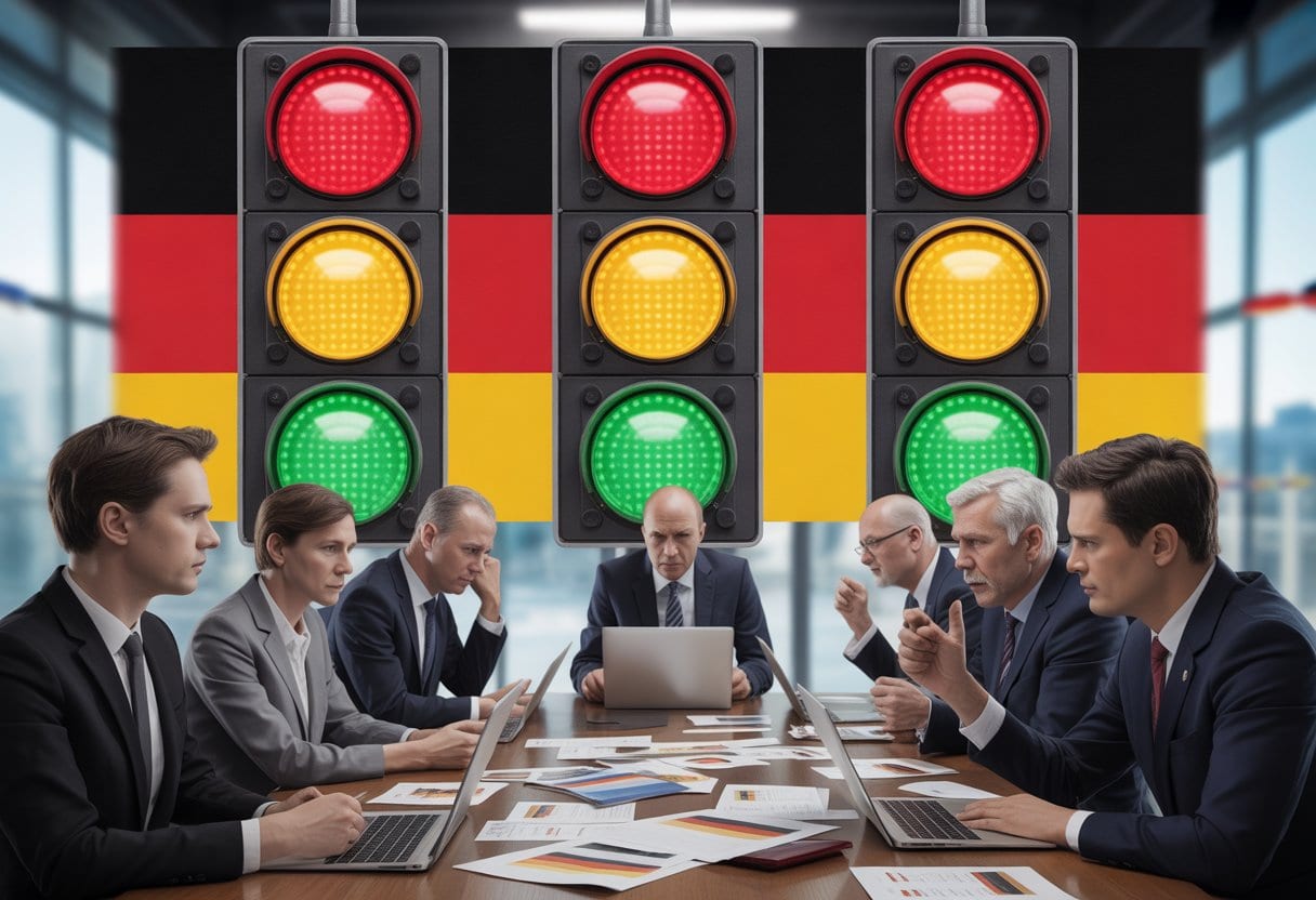 Drei leuchtende Ampeln in Rot, Gelb und Grün vor einer Gruppe deutscher Politiker, die ernsthaft in einem modernen Büro diskutieren.