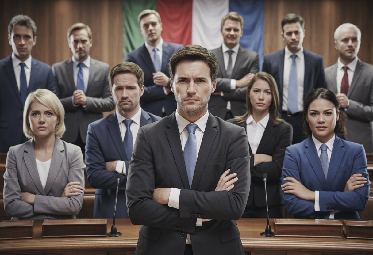 Eine Gruppe von Politikern in einem Sitzungssaal, einige sehen enttäuscht aus, andere wirken selbstbewusst und erfolgreich.