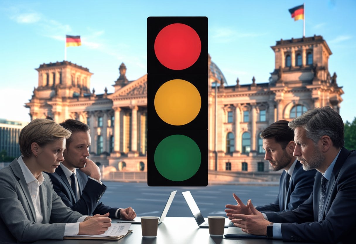 Drei leuchtende Ampeln vor dem Deutschen Bundestag, mit Politikern in formeller Kleidung, die an einem Konferenztisch diskutieren.
