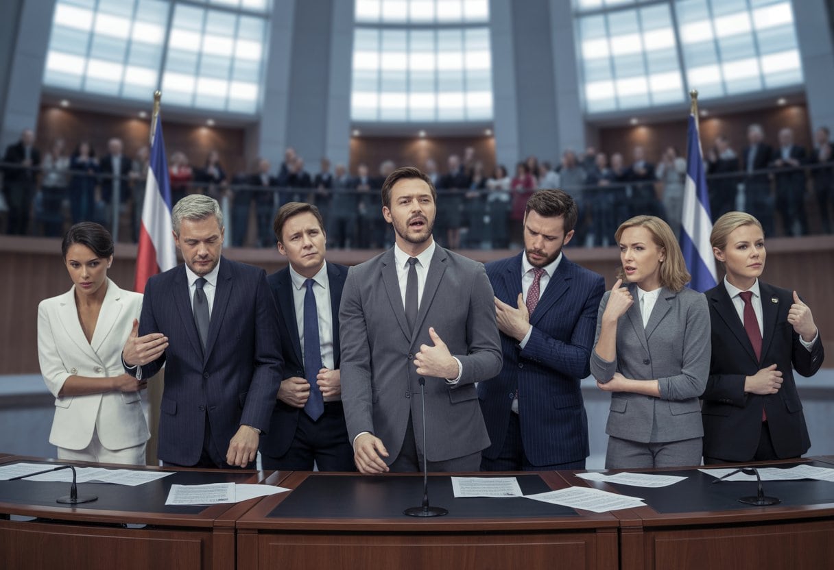 Mehrere Politiker in einem Regierungsgebäude zeigen unterschiedliche Emotionen wie Frustration und Entschlossenheit während einer Sitzung.