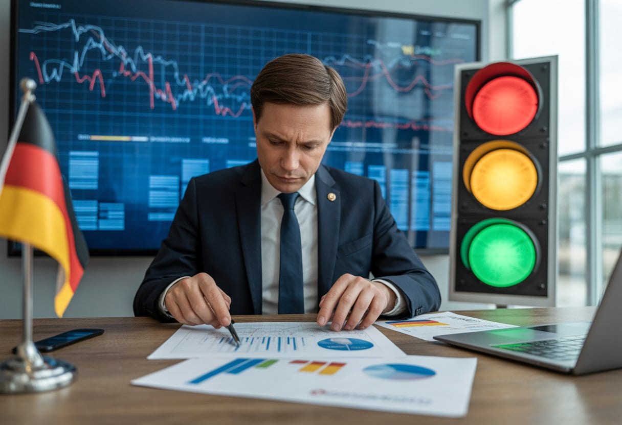 Eine Person in einem modernen Büro betrachtet Finanzdiagramme vor einem Bildschirm mit abstrakten Daten, auf dem ein kleiner deutscher Flaggenaufsteller und eine Ampel zu sehen sind.