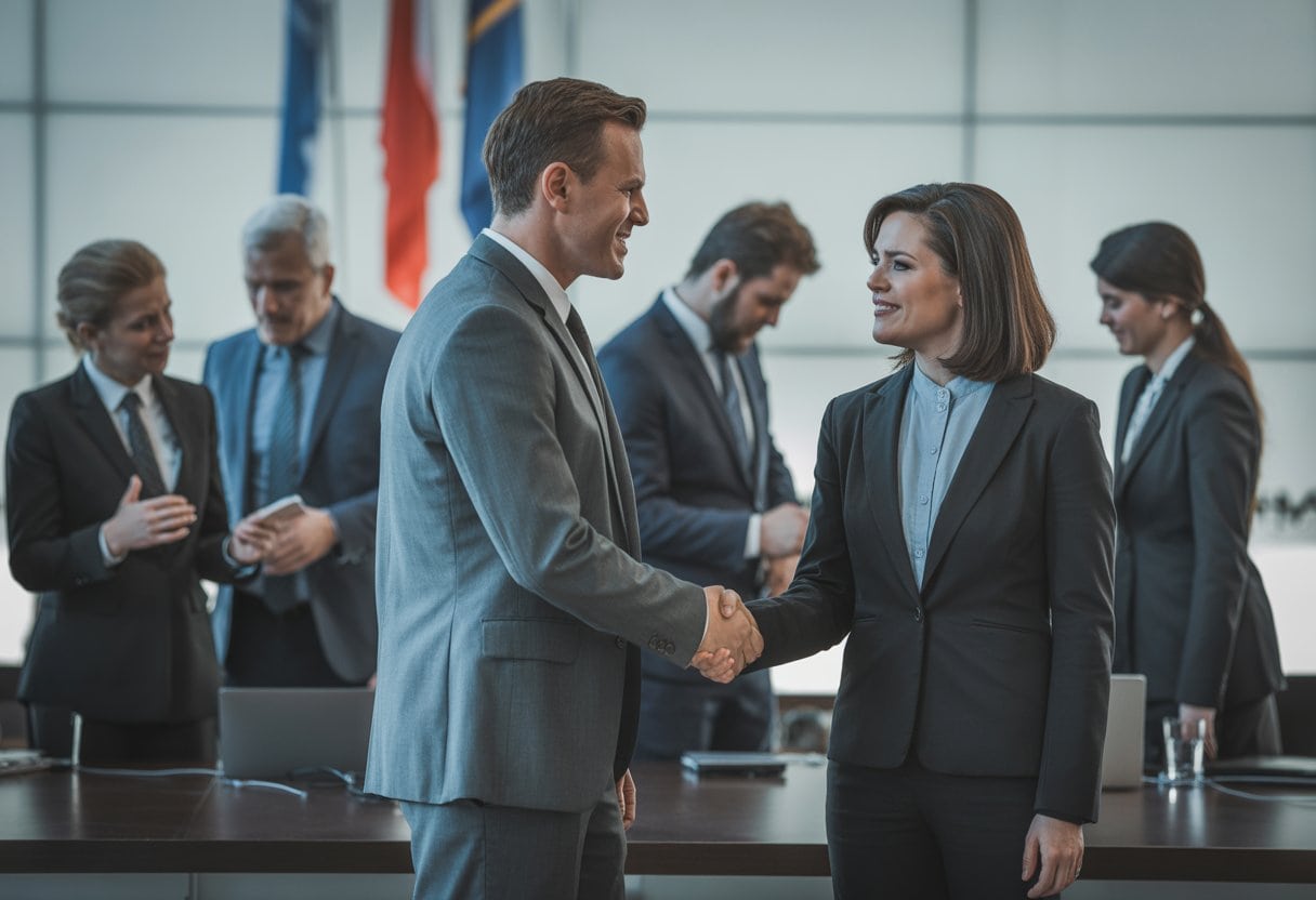 Eine Gruppe von Politikern in einem modernen Regierungsgebäude, zwei Politiker schütteln sich die Hand, während andere im Hintergrund diskutieren.