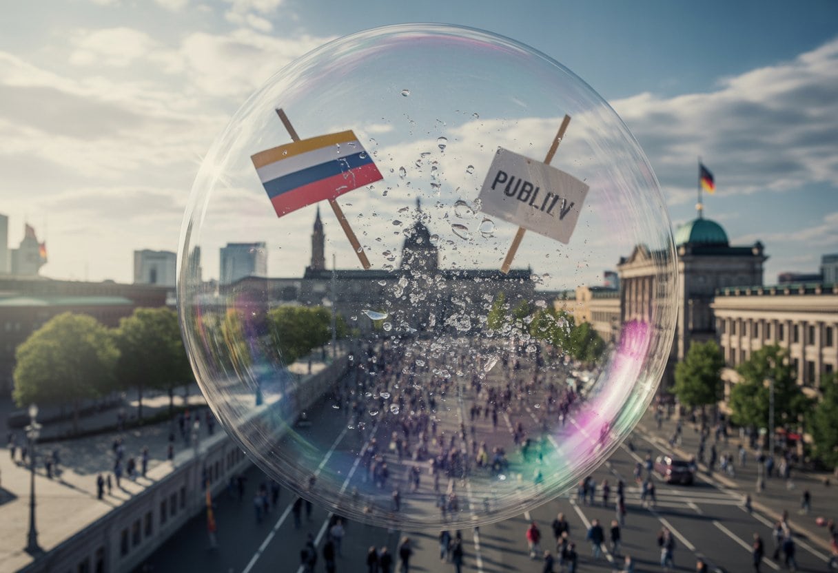 Eine große Seifenblase platzt über einer Stadtsilhouette mit Menschen auf den Straßen.