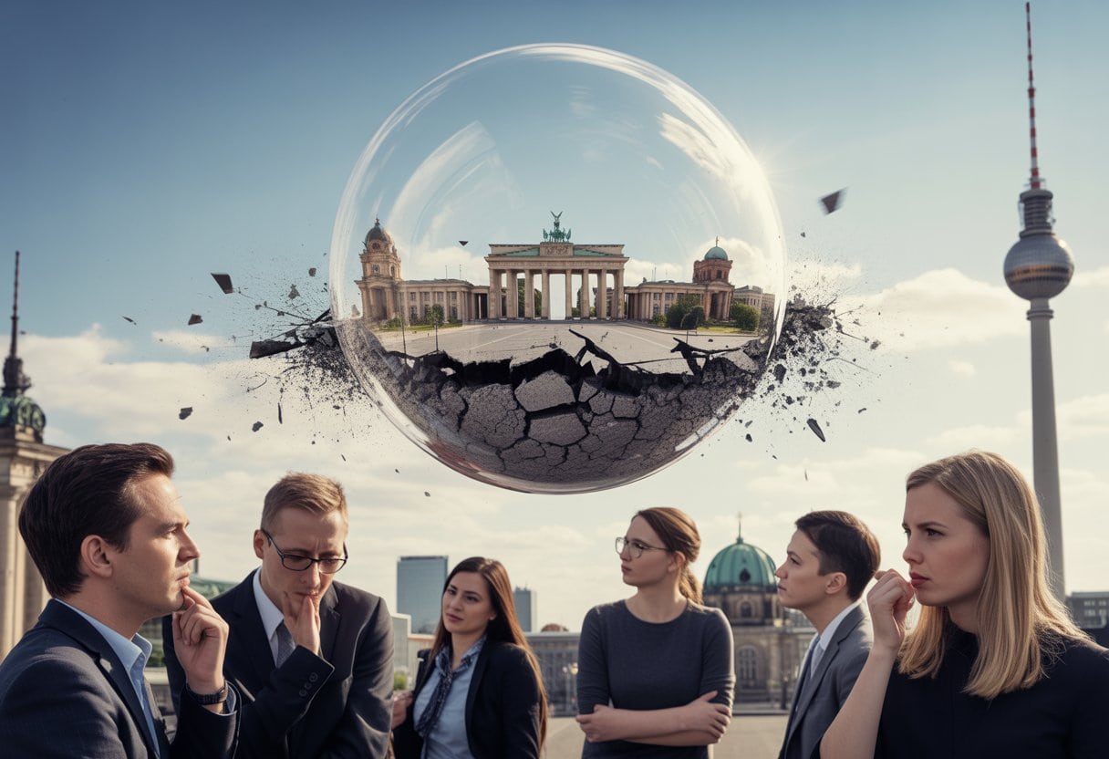 Die Berliner Stadtsilhouette mit einer großen, platzenden Blase darüber, während Menschen darunter ernsthaft miteinander sprechen.