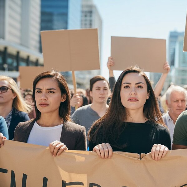 Eine vielfältige Gruppe von Menschen bei einer friedlichen Demonstration in einer Stadt, die Schilder ohne Text halten.