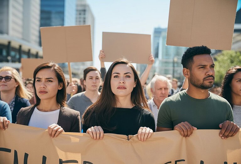 Die AfD-Lüge: Warum Protest nicht gleich Alternative ist – Ein umfassender Faktencheck 2 Eine vielfältige Gruppe von Menschen bei einer friedlichen Demonstration in einer Stadt, die Schilder ohne Text halten.